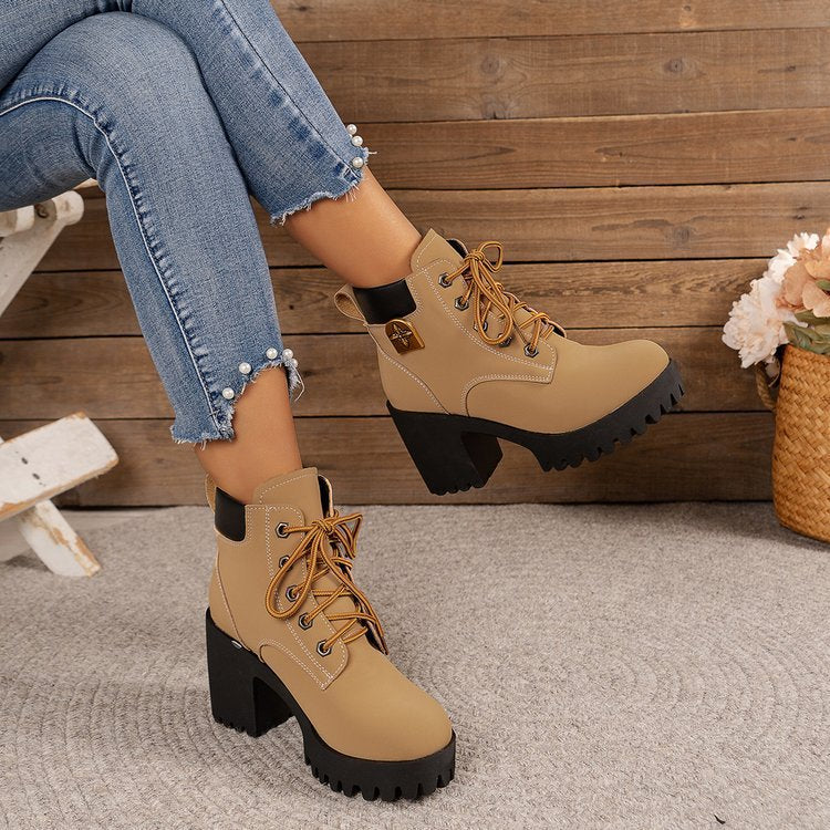 Damen modische Ankle Boots mit robustem Blockabsatz und elegantem Schnürdesign EB