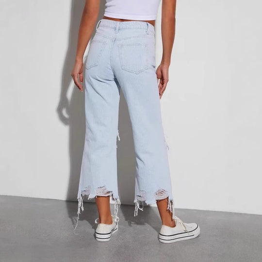 Damen nan cropped-weitjeans mit hoher Taille, ausgefranstem Saum und starkem Knee-Ripping EB