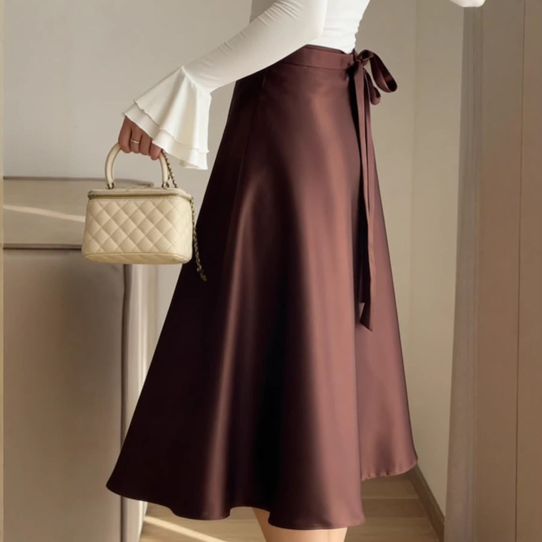 Damen Hochtaillierter A-Linien Midirock mit Bindegürtel und Satin-Finish EB