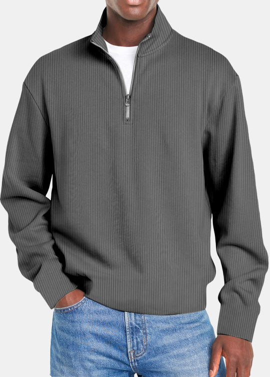 Herren nan gerippter Troyer-Pullover mit Halbzip und Stehkragen EB