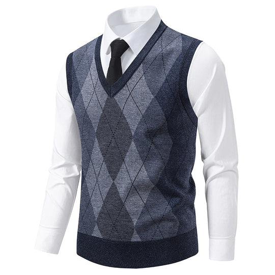 Herren V-Ausschnitt Strickpullover mit elegantem Rautenmuster EB