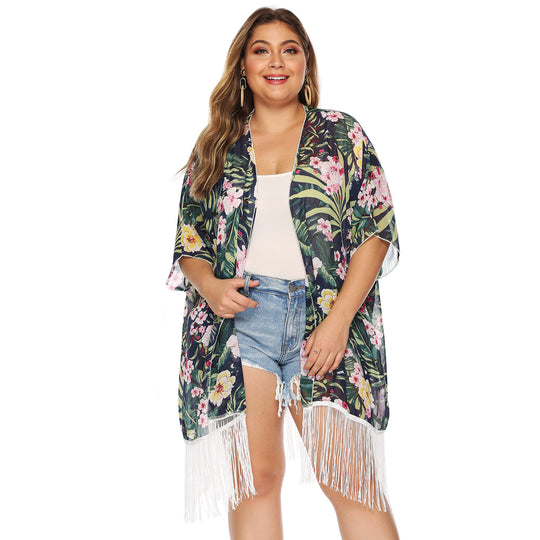 Damen luftiger Strandkimono mit fransigen Akzenten EB