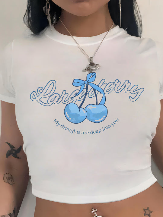 Damen Crop-T-Shirt mit fruchtigem Kirschdesign und lockerem Schnitt EB