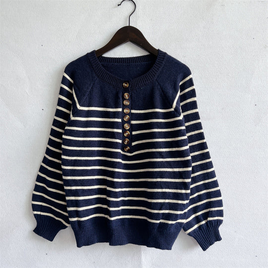 Damen gestreifter Strickpullover mit Knopfdetails und lässigem Schnitt EB