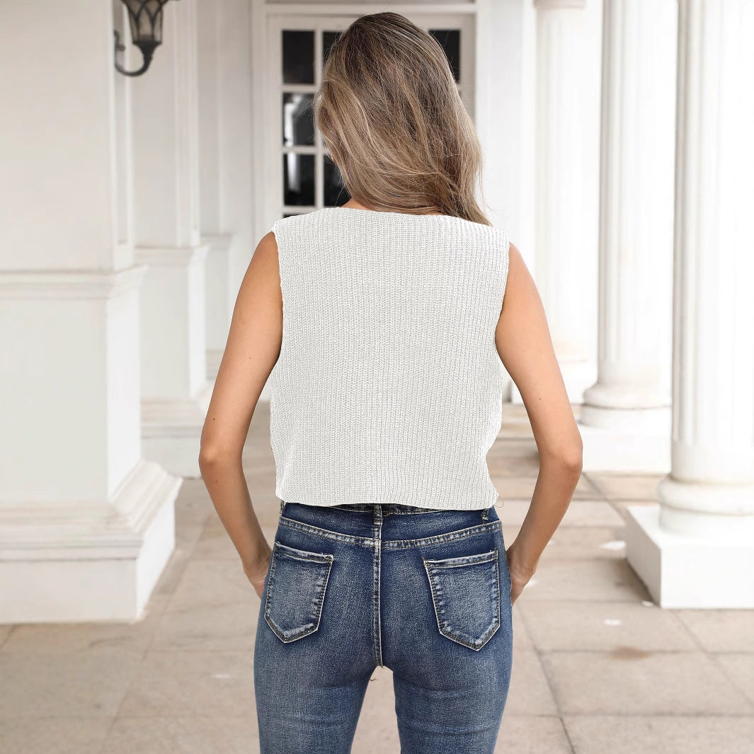 Damen kurzes Stricktop mit Blumenapplikationen EB