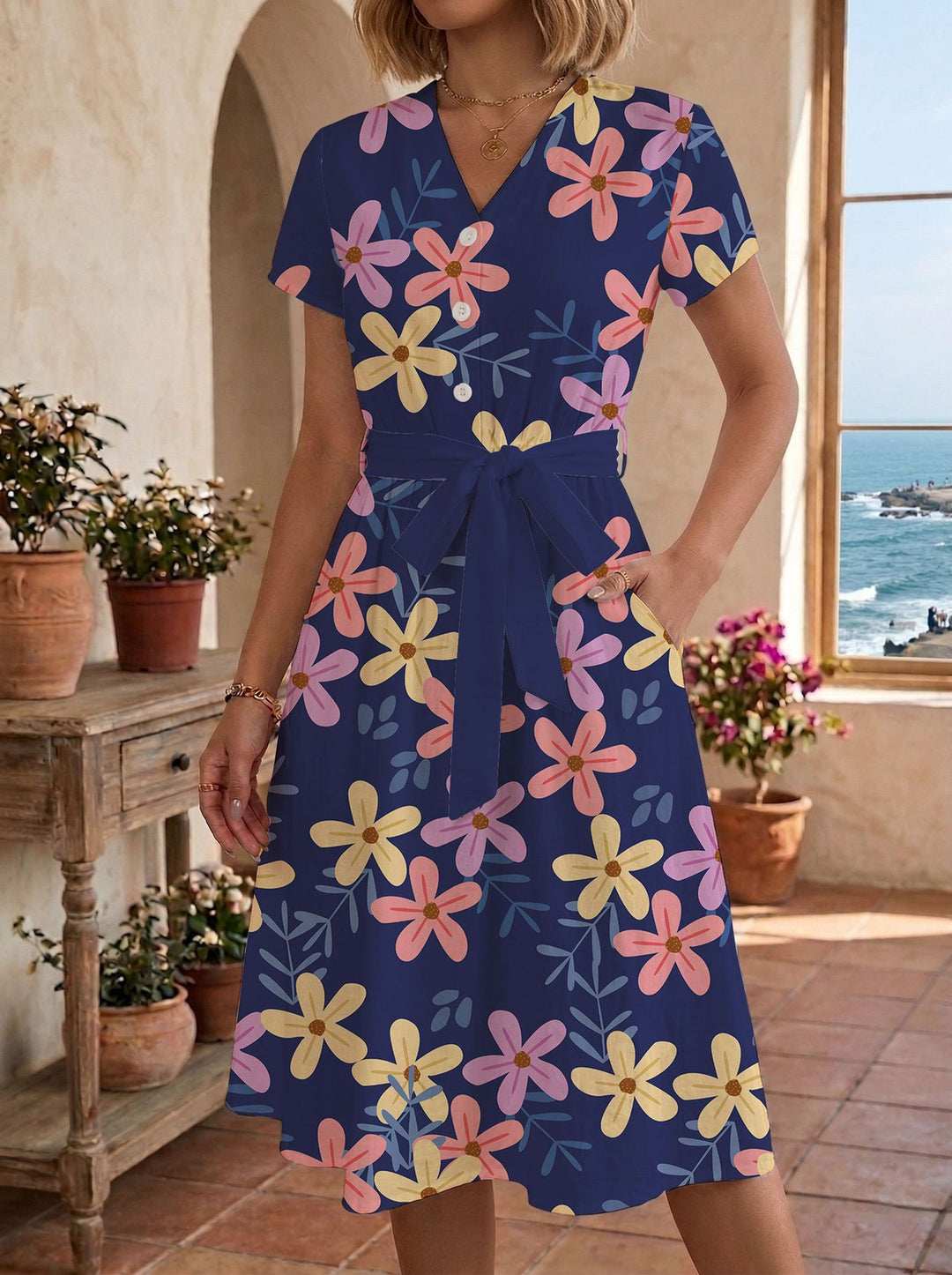 Damen lässiges Maxikleid mit taillierbarem Knoten und dekorativem Karomuster EB