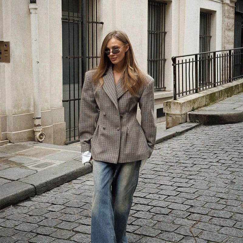 Damen Oversized Blazer mit Karomuster und Knopfdetails EB