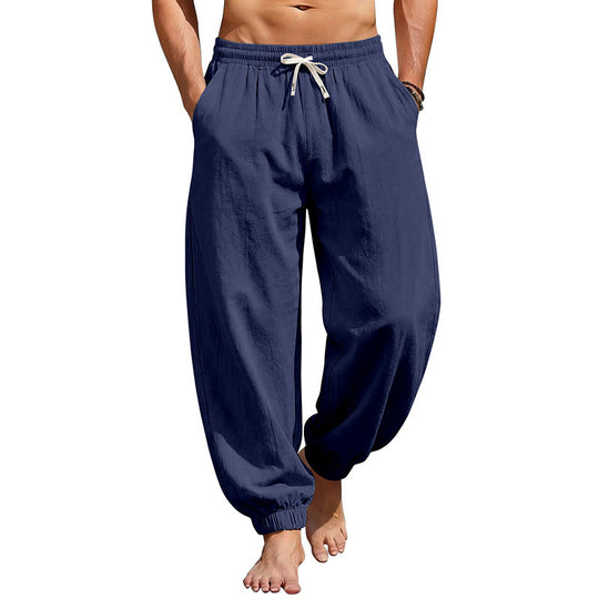 Herren Weite Leinenoptik-Strandhose mit Kordelzug, elastischem Bund und gerafften Beinabschlüssen EB