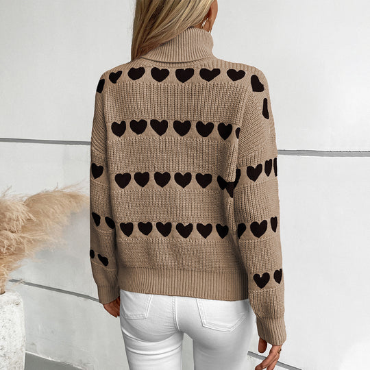 Damen Strickpullover mit Herzmuster und hohem Kragen EB