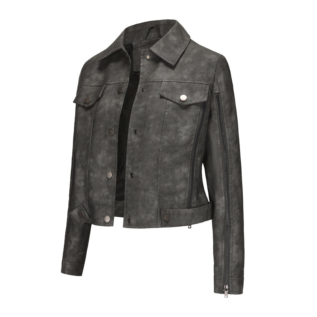Damen modische Shortjacke aus Kunstleder mit Reißverschlussdetails EB