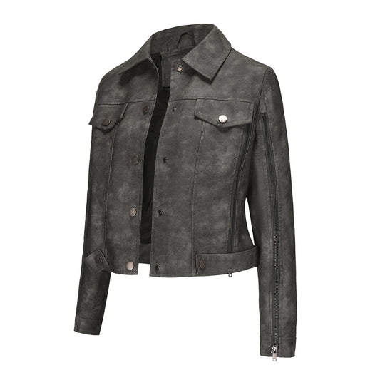 Damen nan kurze Cropped-Truckerjacke aus Wildlederoptik mit seitlichen Reißverschlüssen und aufgesetzten Brusttaschen EB