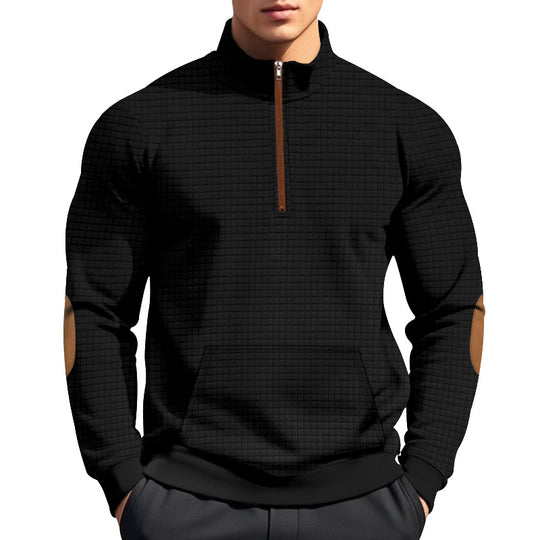 Herren nan gestepptes Halfzip-Sweatshirt mit Stehkragen, Kängurutasche und Kunstleder-Ellenbogenpatches EB
