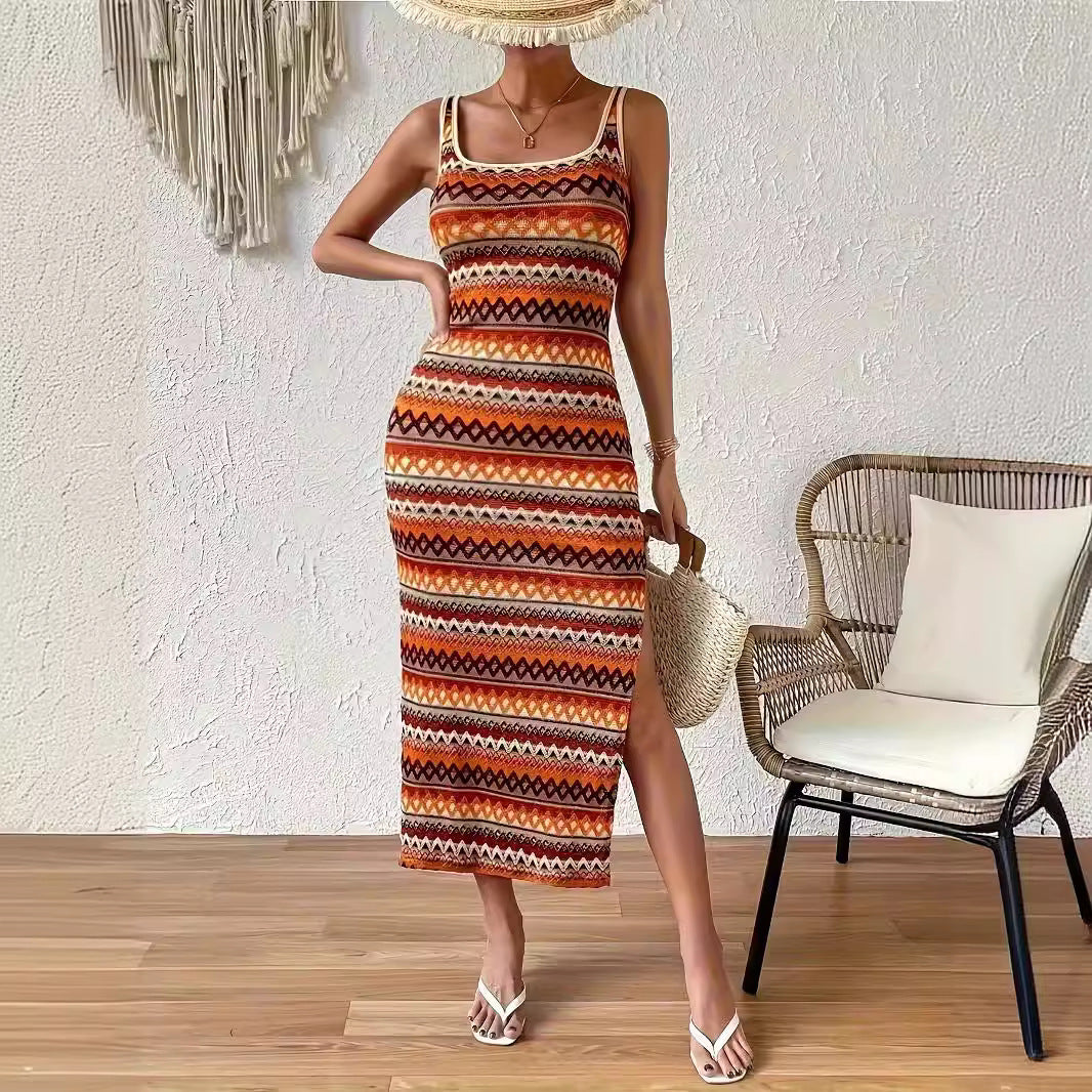 Damen Maxikleid mit modischem Muster und seitlichem Schlitz EB