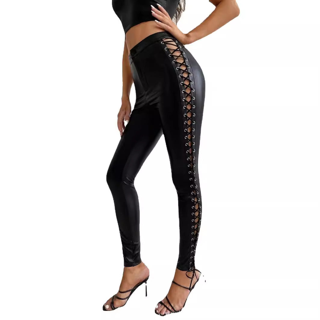 Damen Leggings mit trendigem Schnürdesign an der Seite EB