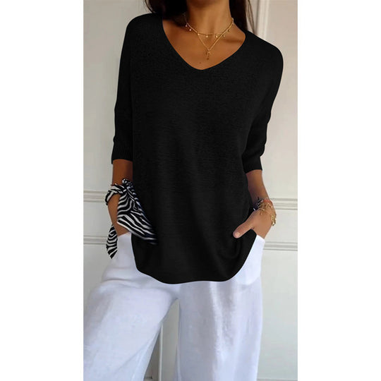 Damen nan locker sitzender V-Ausschnitt Feinstrickpullover mit dreiviertelÄrmeln EB