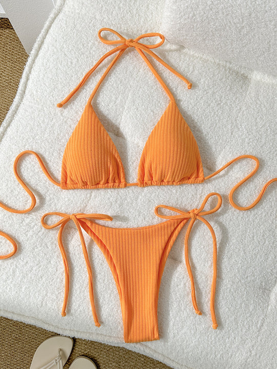 Damen Triangel-Bikini mit elastischen Bindebändern und Ripp-Optik EB