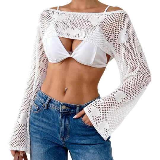 Damen modischer Häkelpullover mit herzförmigem Muster EB