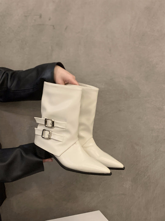 Damen Elegante Stiefeletten mit dekorativen Schnallen und spitzem Schnitt EB