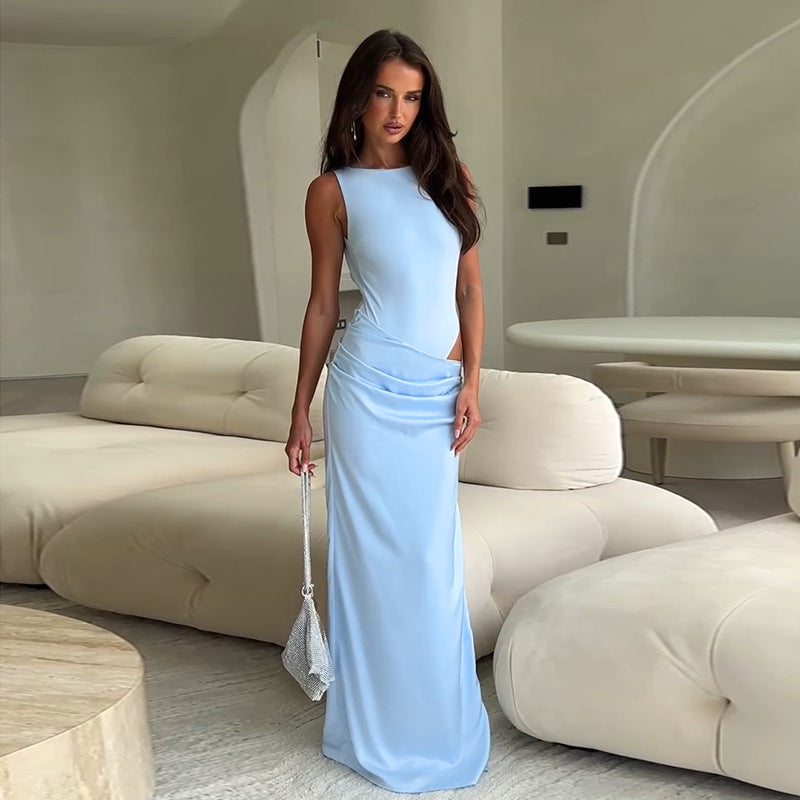 Damen elegantes Maxikleid mit asymmetrischem Design und raffiniertem Tailleneinsatz EB