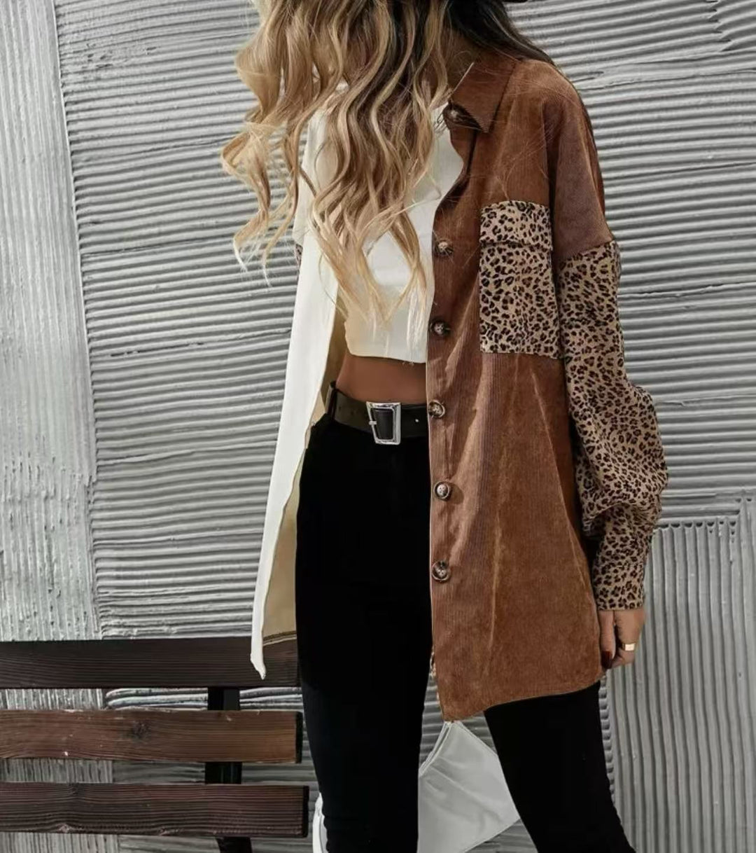 EB | Leopard-Kontrast-Button-Up-Jacke