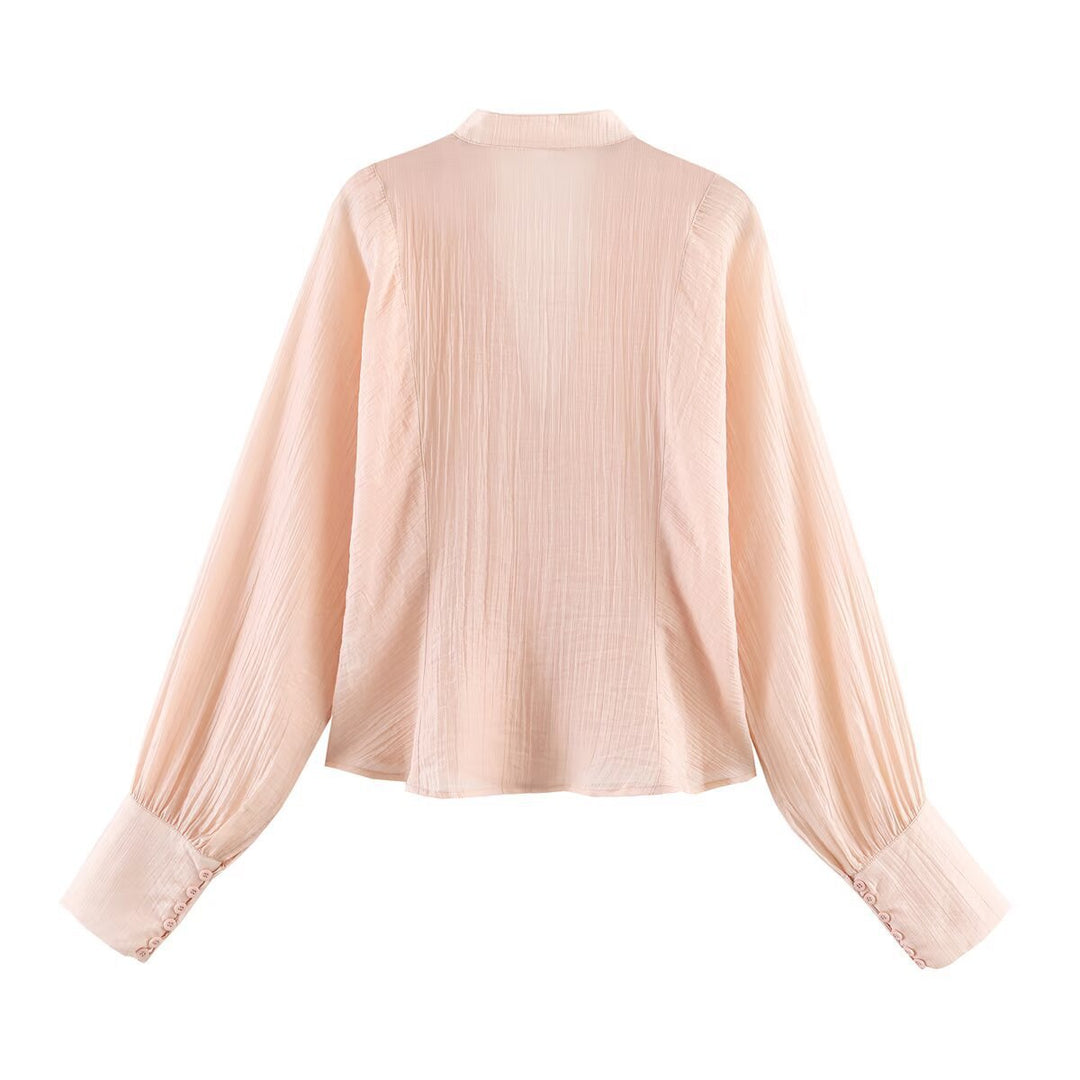 Damen elegante Bluse mit tiefem V-Ausschnitt und strukturierten Ärmeln EB