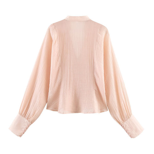 Damen elegante Bluse mit tiefem V-Ausschnitt und strukturierten Ärmeln EB