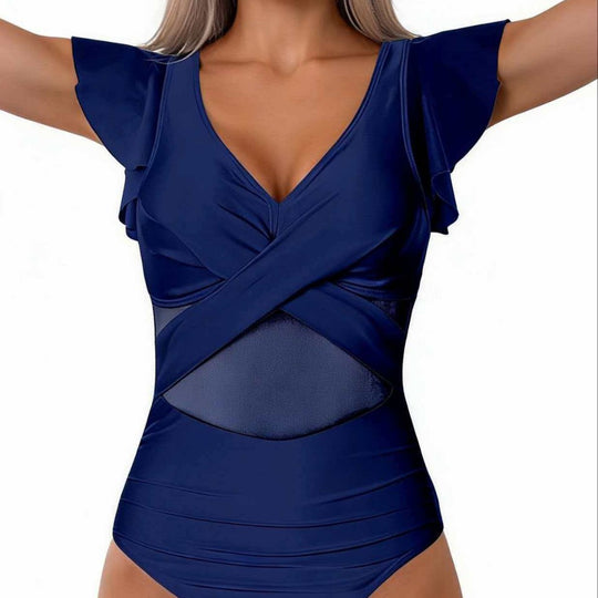 Damen Eleganter Badeanzug mit raffinierten Rüschendetails und transparenter Einsätzen EB