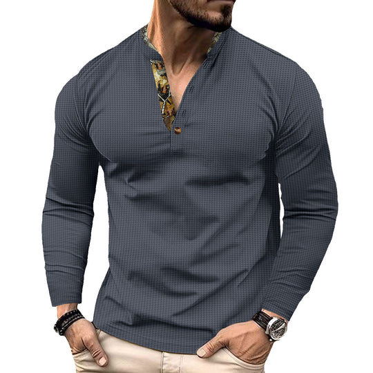 Herren nan langärmeliges Henley-Shirt mit Stehkragen und gemustertem Knopfleistenbesatz EB