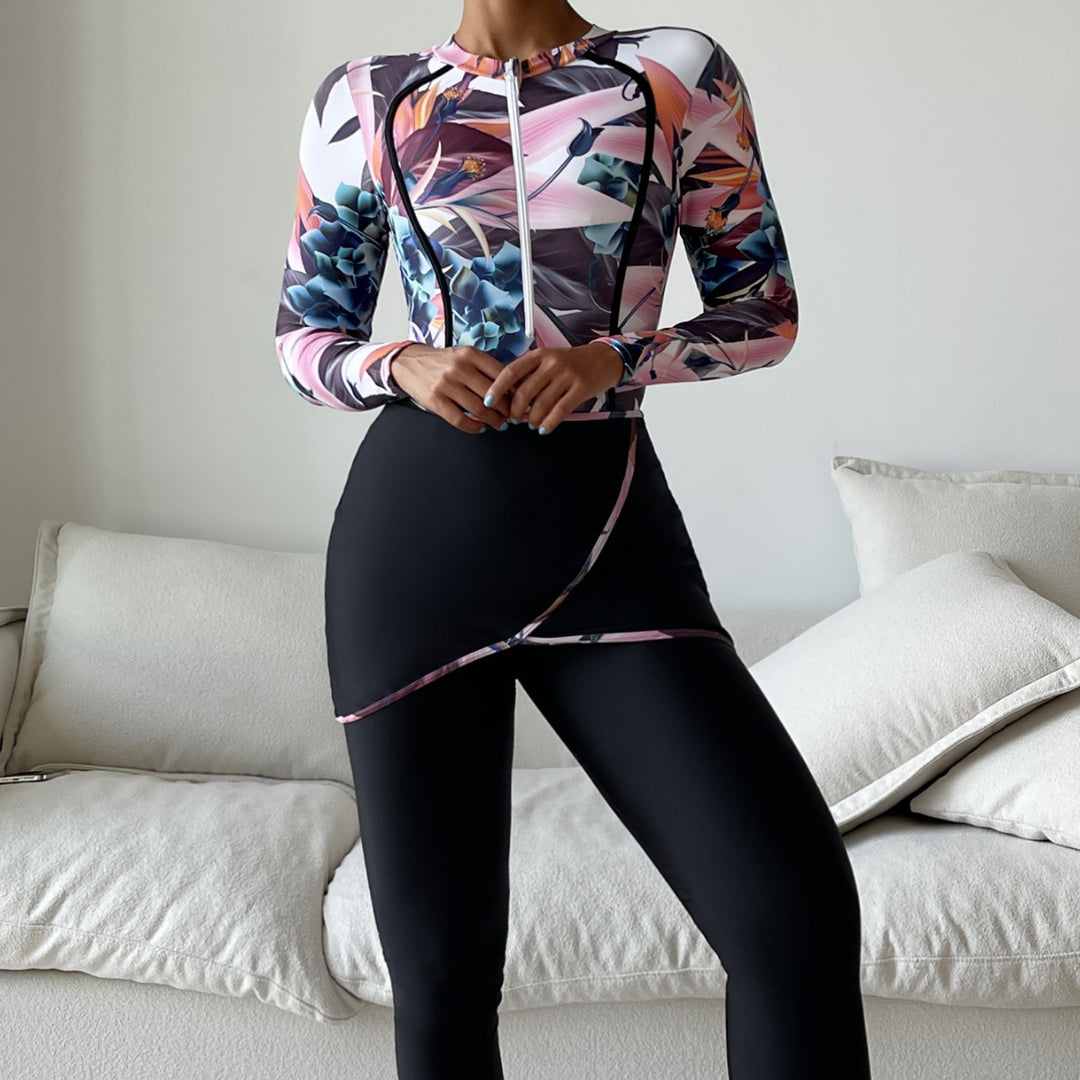 Damen Modischer Longsleeve-Schwimmanzug mit floralem Design EB