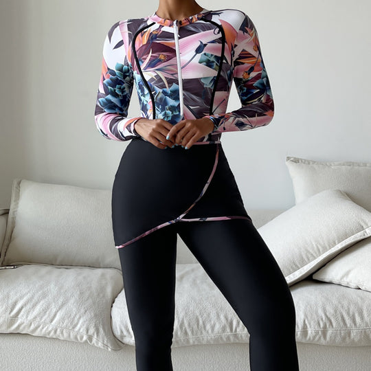 Damen Modischer Longsleeve-Schwimmanzug mit floralem Design EB
