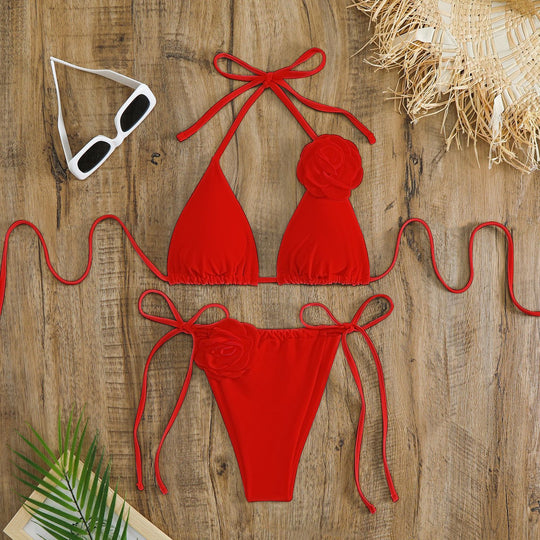 Damen verstellbarer Triangel-Bikini mit dekorativen Blumenapplikationen EB