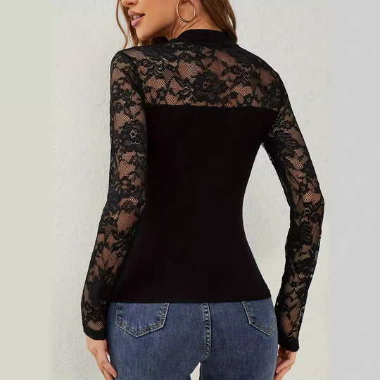 Damen Elegantes Longsleeve-Oberteil mit romantischer Spitze EB