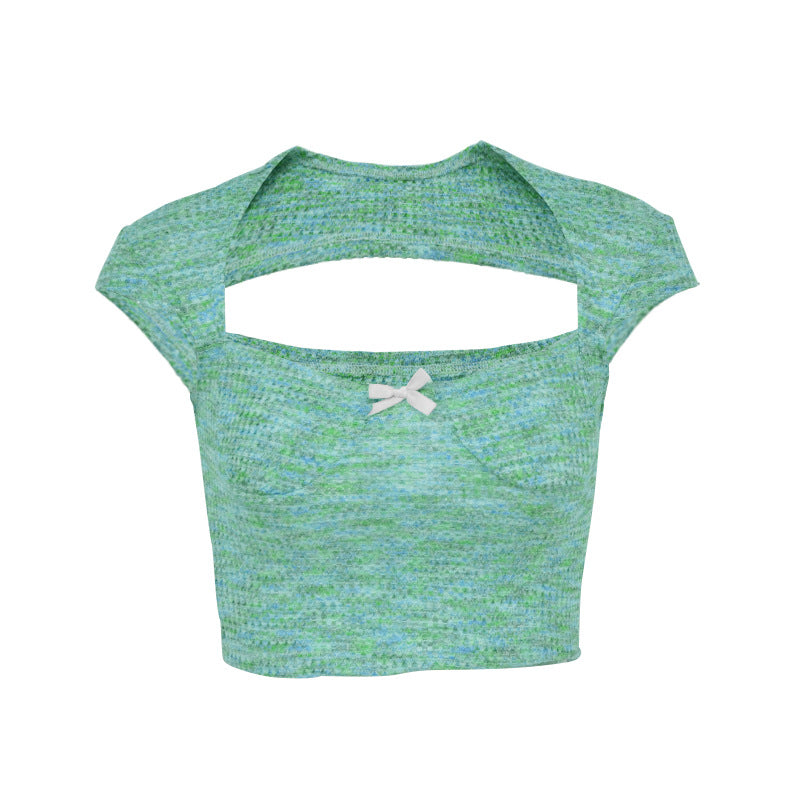 Damen Kurzarm-Crop-Top mit femininem Rückenausschnitt und dekorativem Bogen EB