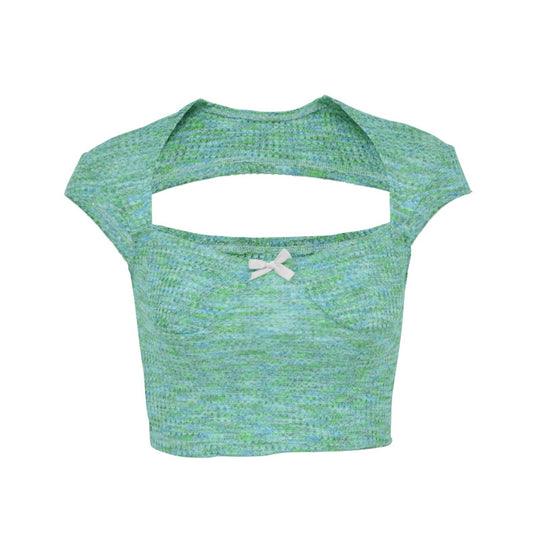 Damen Kurzarm-Crop-Top mit femininem Rückenausschnitt und dekorativem Bogen EB
