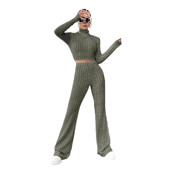 Damen Strickfleece Set mit hohem Kragen und ausgestellten Hosen EB