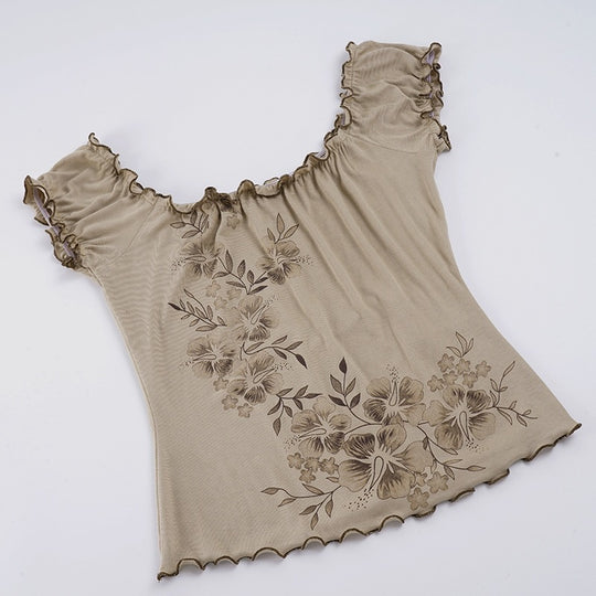 Damen Spitzenhaftes Oberteil mit floralen Details und Rüschensaum EB