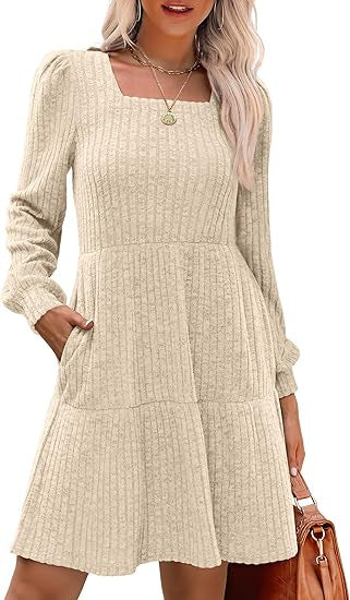 Damen Gestricktes A‑Linien‑Minikleid mit quadratischem Ausschnitt, Stufenrock und Eingrifftaschen EB