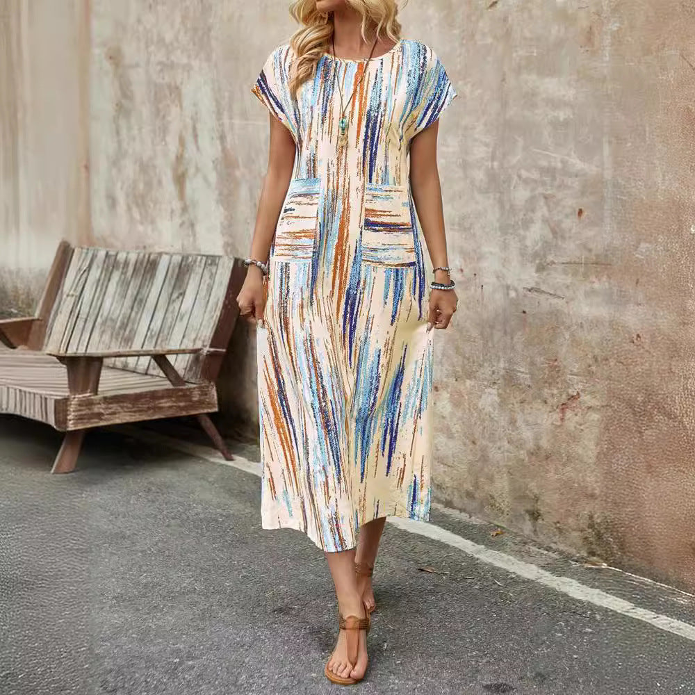 Damen Maxikleid mit praktischen Taschen und modischem Streifenmuster EB