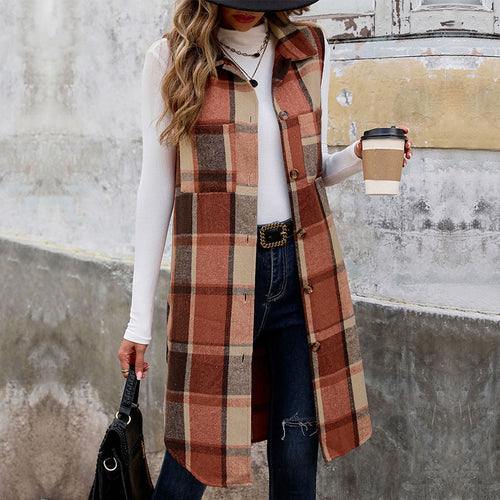 Damen Langarm-Weste mit Karo-Muster und praktischen Taschen EB