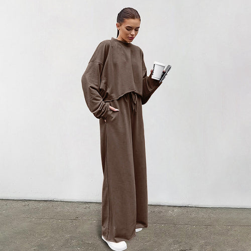 Damen Bequemes Cropped Sweatshirt und Weite Hose Set EB