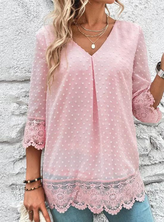 Damen Bluse mit Spitzenbesatz und gepunktetem Design Heidi-Mode