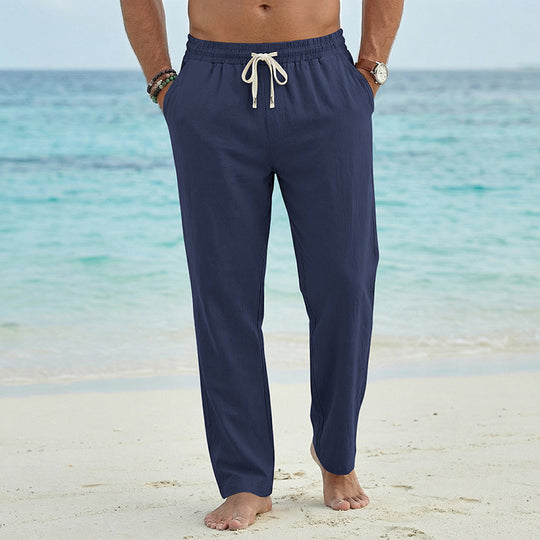 Herren Leinenoptik Relaxhose mit elastischem Bund, Tunnelzug und Seitentaschen EB