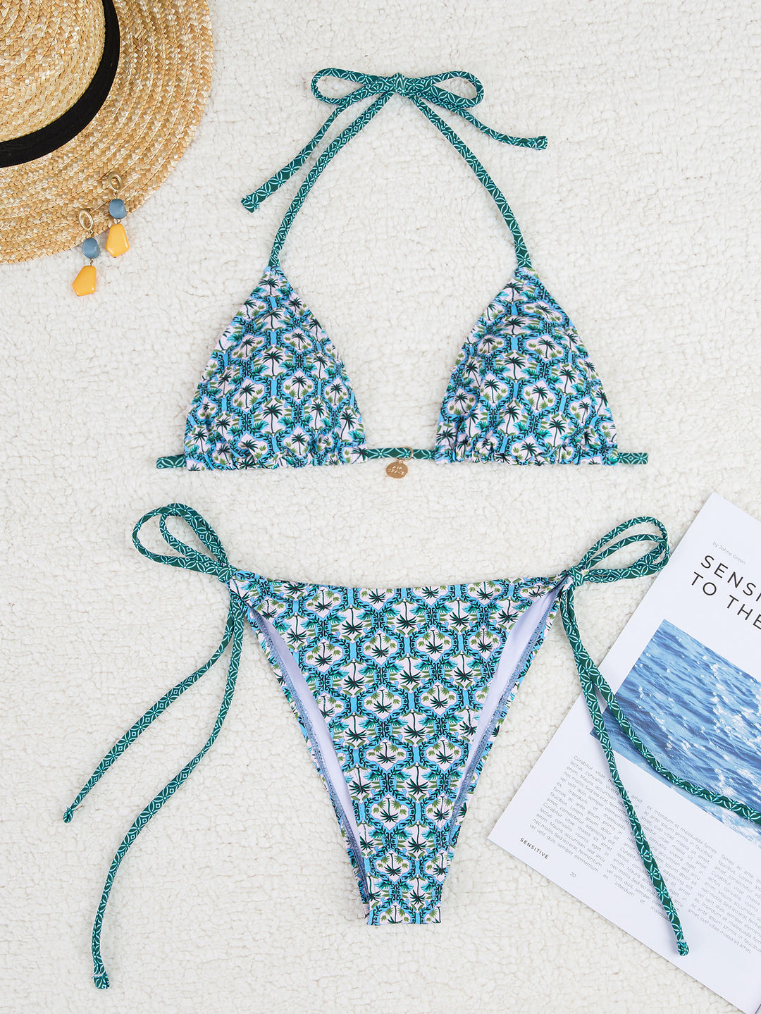 Damen Triangel-Bikini mit verspieltem Palmenmuster EB