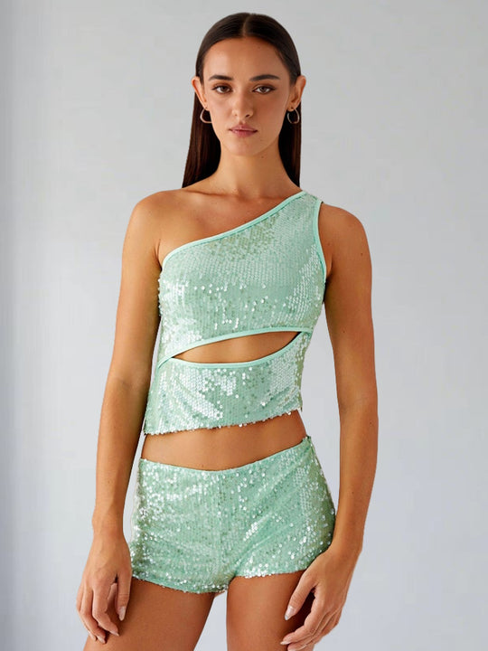 Damen Glamouröses Pailletten-Top mit Cut-Out-Design und Shorts EB