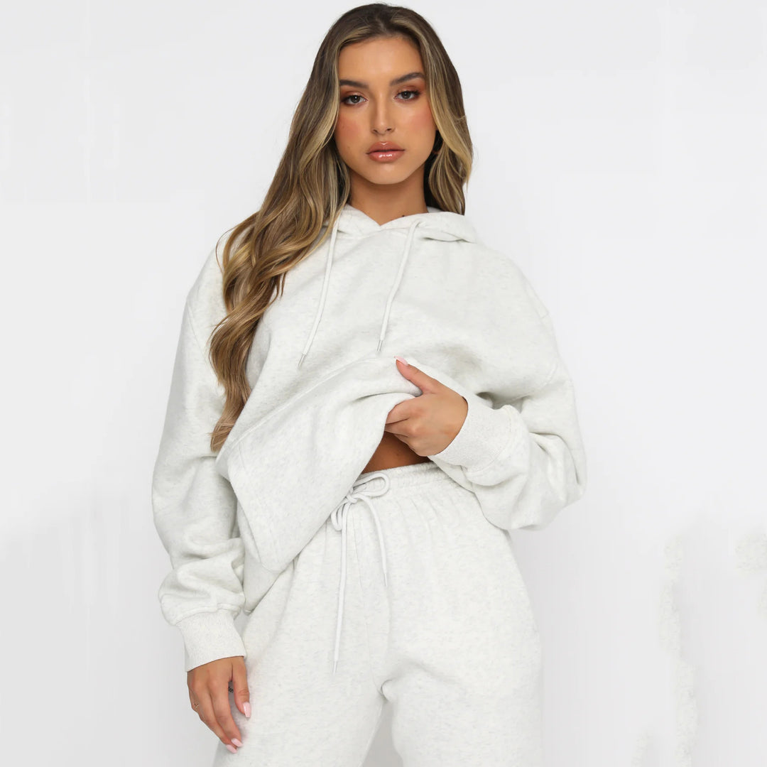 Damen nan Cropped Kapuzenjacke und High-Waist Jogginghose Set aus French Terry mit elastischem Bund EB