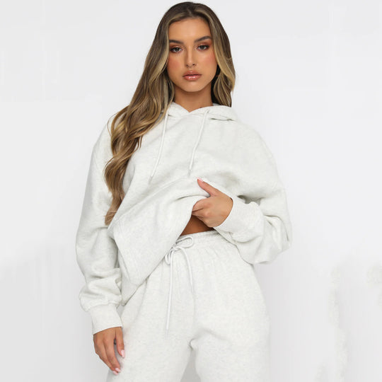 Damen nan Cropped Kapuzenjacke und High-Waist Jogginghose Set aus French Terry mit elastischem Bund EB