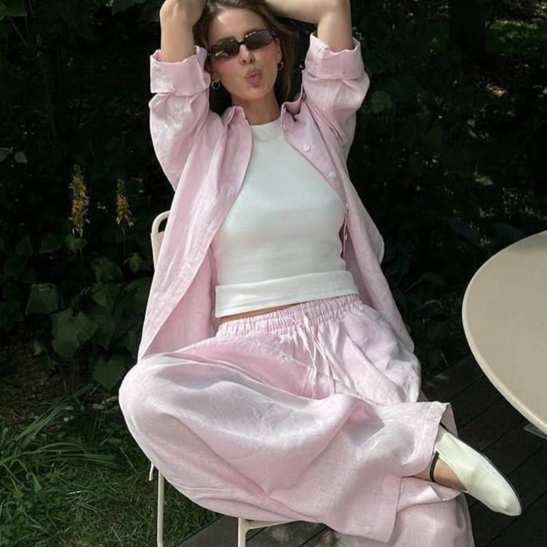 Damen nan luftiges Leinen-Loungeset mit Oversize-Hemd und weiter Bundhose mit Gummizug EB