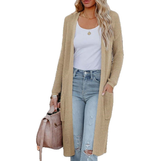 Damen langer Strickcardigan mit offenen Taschen und feinem Rippdesign EB