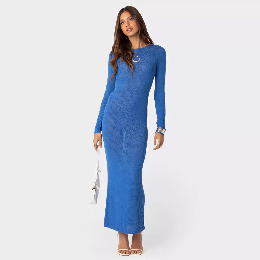 Damen elegantes Strick-Maxikleid mit Schnittdetails und stilvollem Ärmel EB