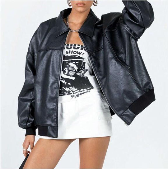 Damen Kunstleder Jacke im modernen Oversized-Stil EB